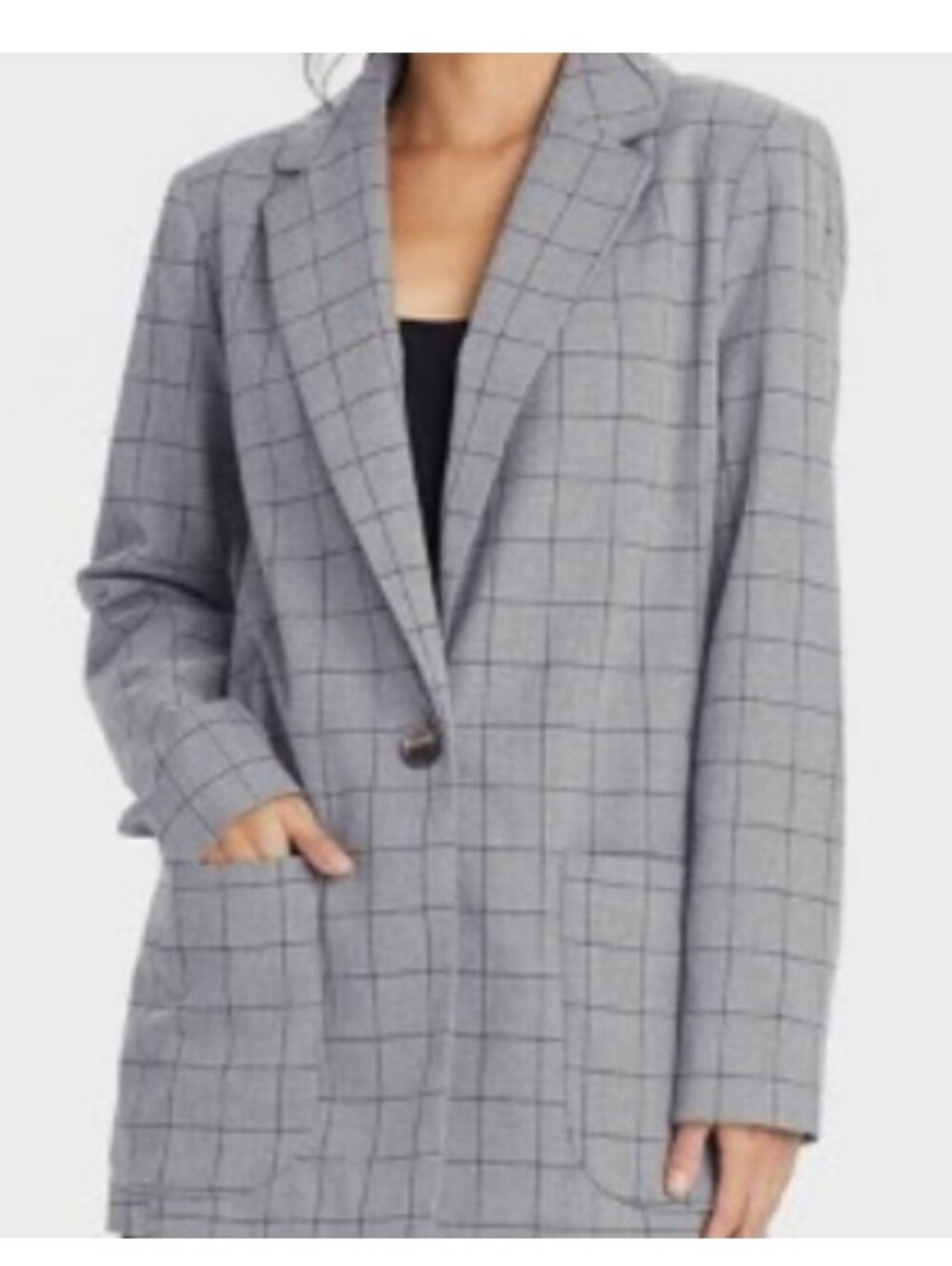 Women's A New Day Oversized Medium Blazer Grey Windowpane Plaid